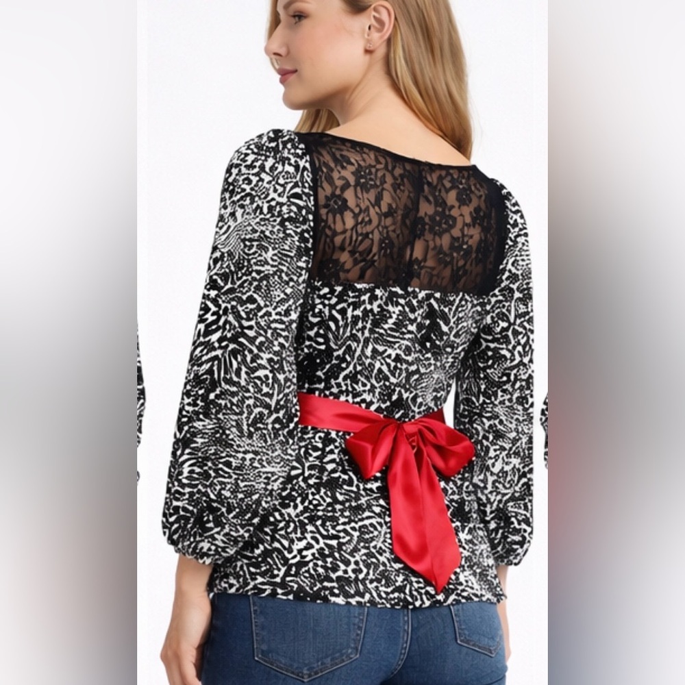 Jonathan Martin Cowl Neck Lace Back Red Sash Tie Waist Blouse M
